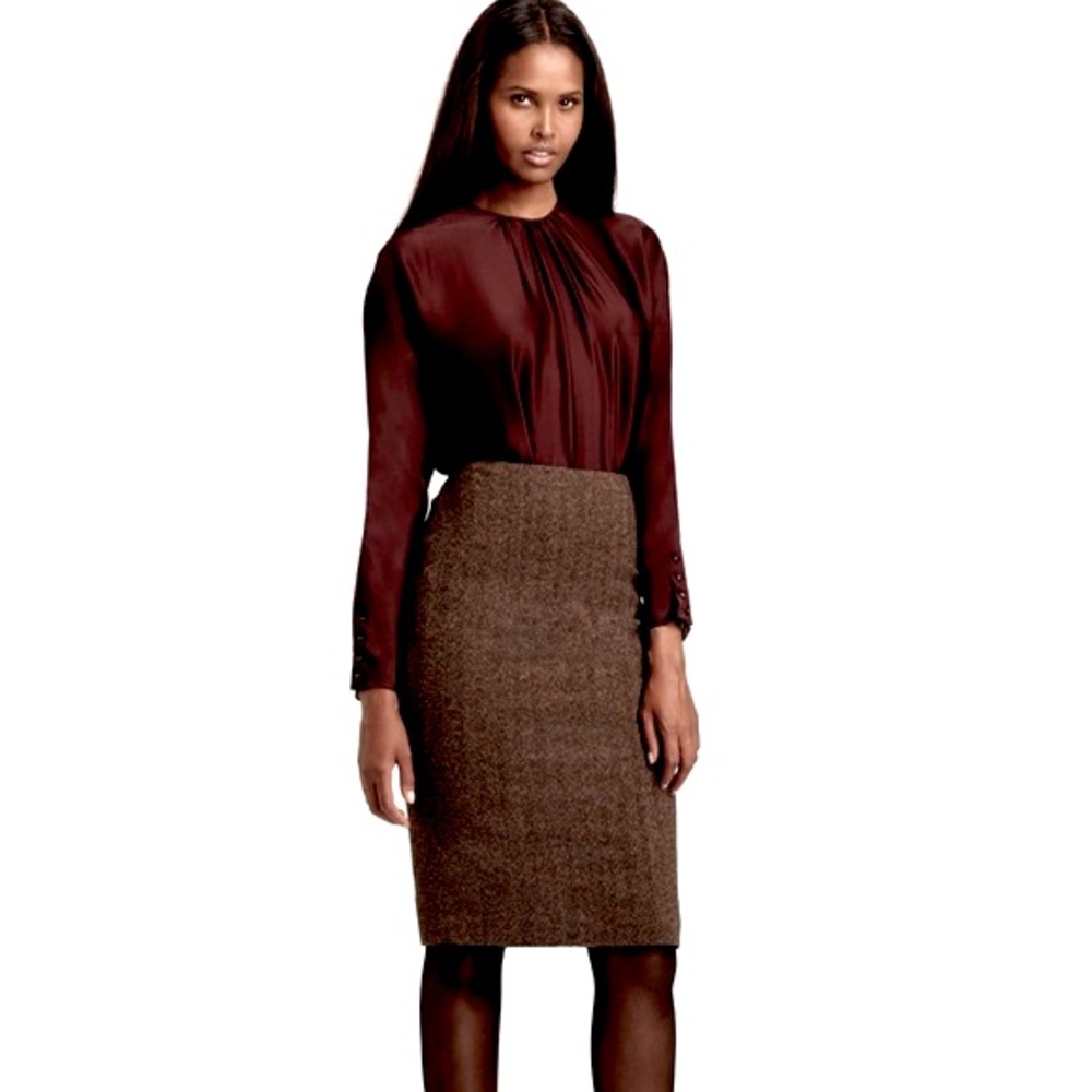 Gap Brown Herringbone Tweed Wool Blend Pencil Skirt w/Leather Waist Tie